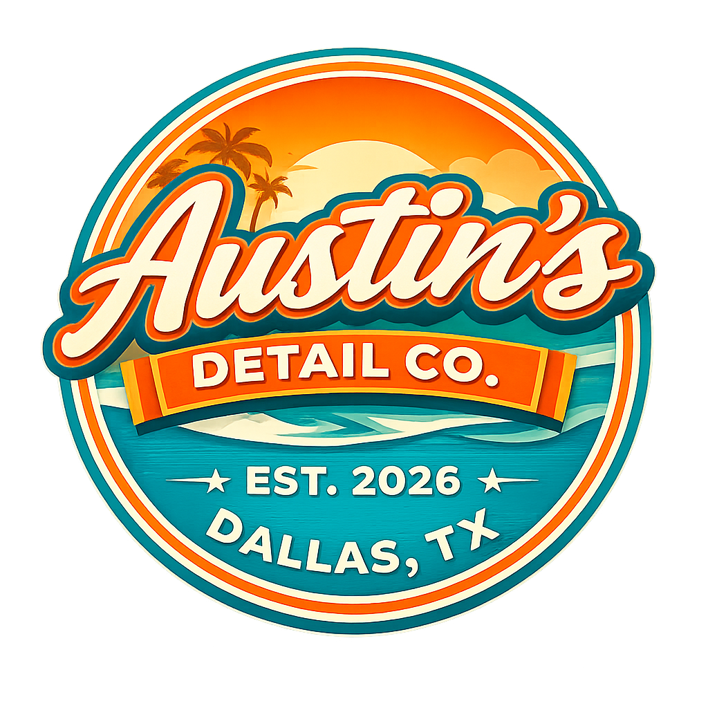 Austin's Detail Co. - Professional Car Detailing Logo featuring palm trees and ocean waves